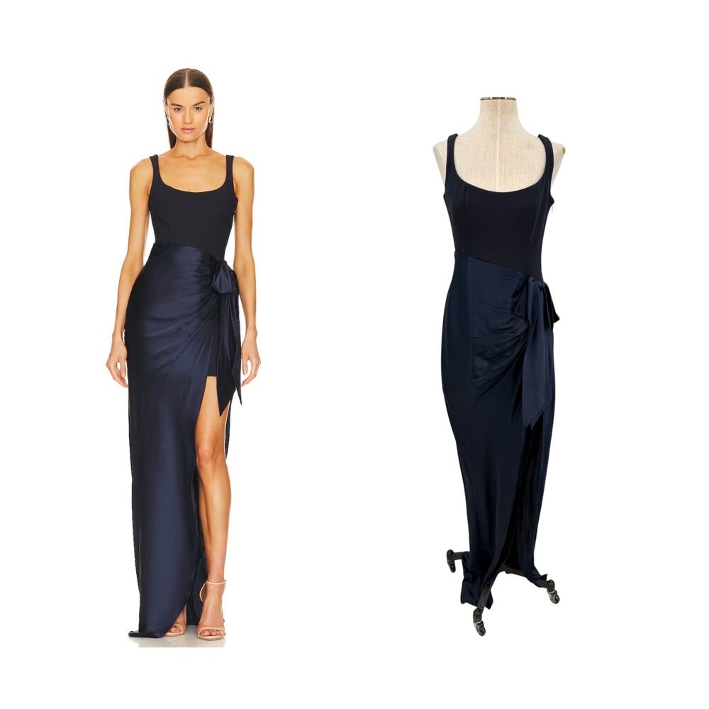 Cinq a Sept Marian Gown Navy Silk Draped Bow Side Slit Maxi Dress NWT Size 6